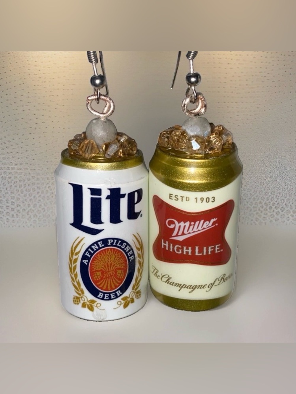 Miller Lite High Life Beer Can Earrings Swarovski Crystal Labradorite Foam 2.25"